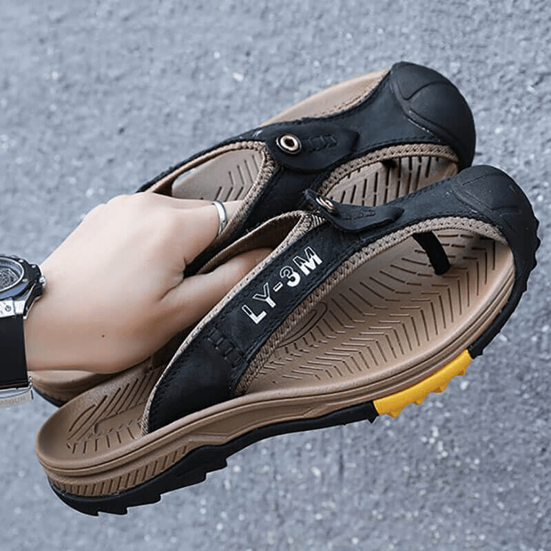Casual Men's Genuine Leather Flip Flops with Anti-slip Sole - SF1068 for Comfortable Outdoor Wear